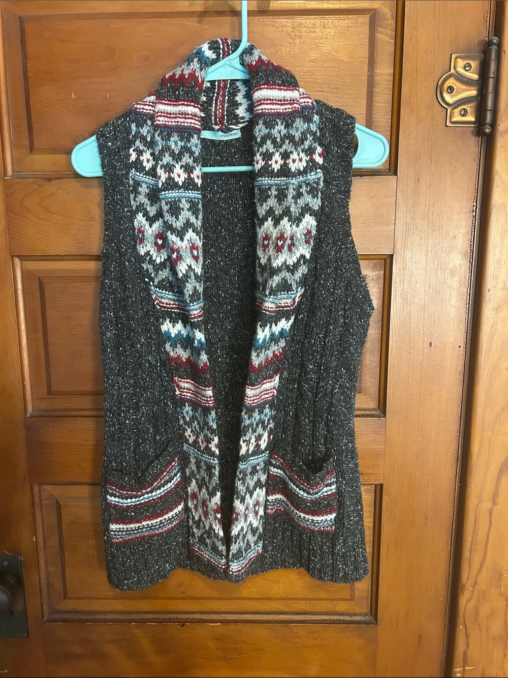 Maurices Charcoal Open-Front Knit Vest with Fair Isle Trim includes alpaca & woo